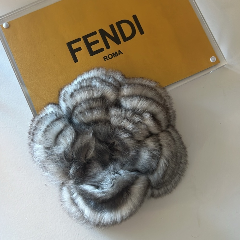 Fendi Grey Fur Brooch, includes Black Satin Pouch